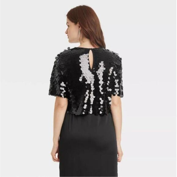 A New Day Black Sequin Crop Top Sz Small - Picture 3 of 13